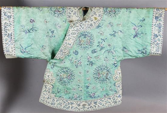 A Chinese embroidered silk mint green brocade robe, early 20th century,